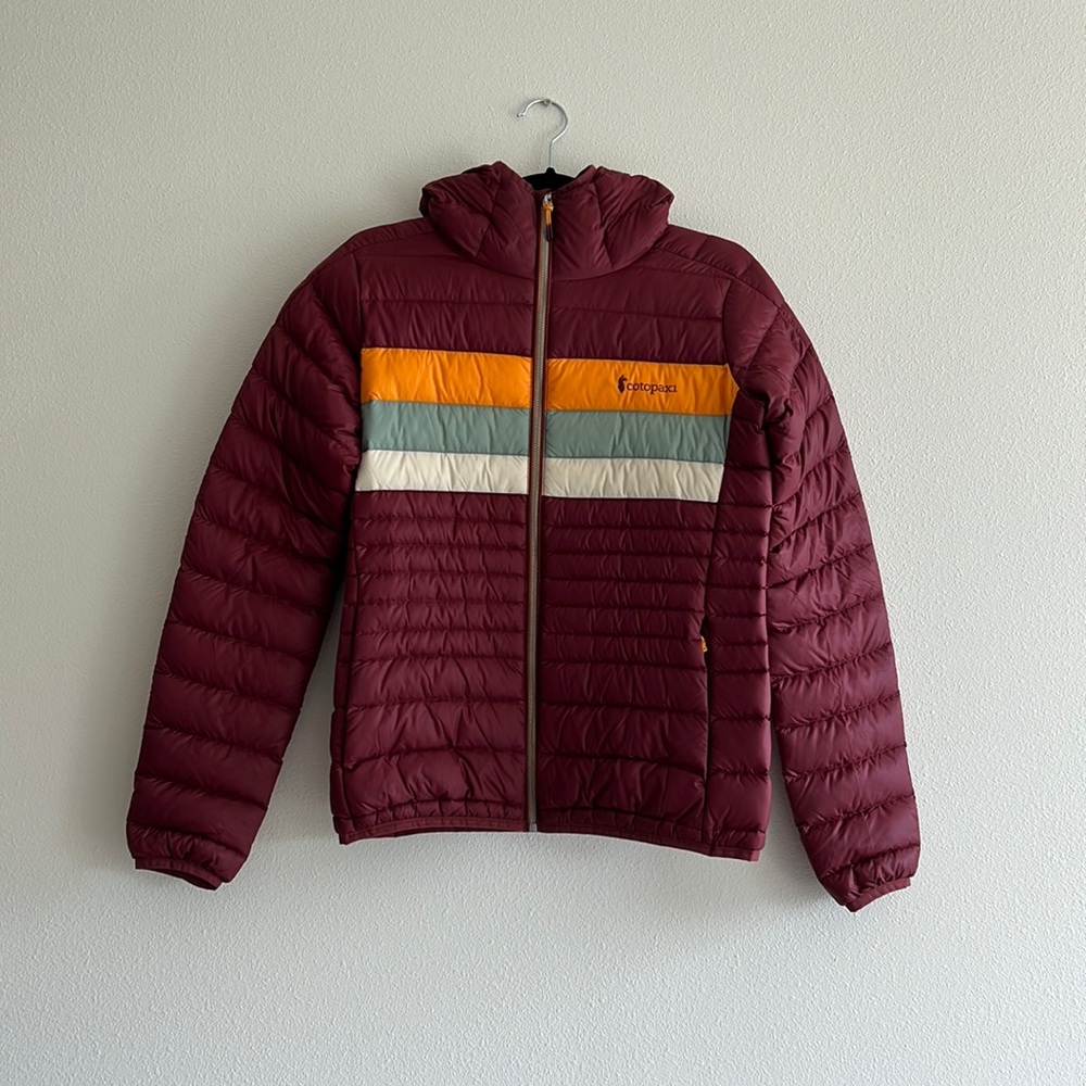Cotopaxi Maroon Puffer Jacket with Orange, Gray, and White Stripes